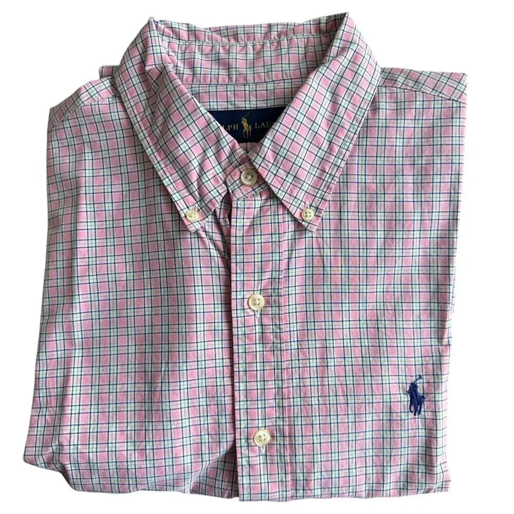 Ralph Lauren Pink Plaid Long Sleeve Button Down Collared Dress Shirt Cotton Sz L